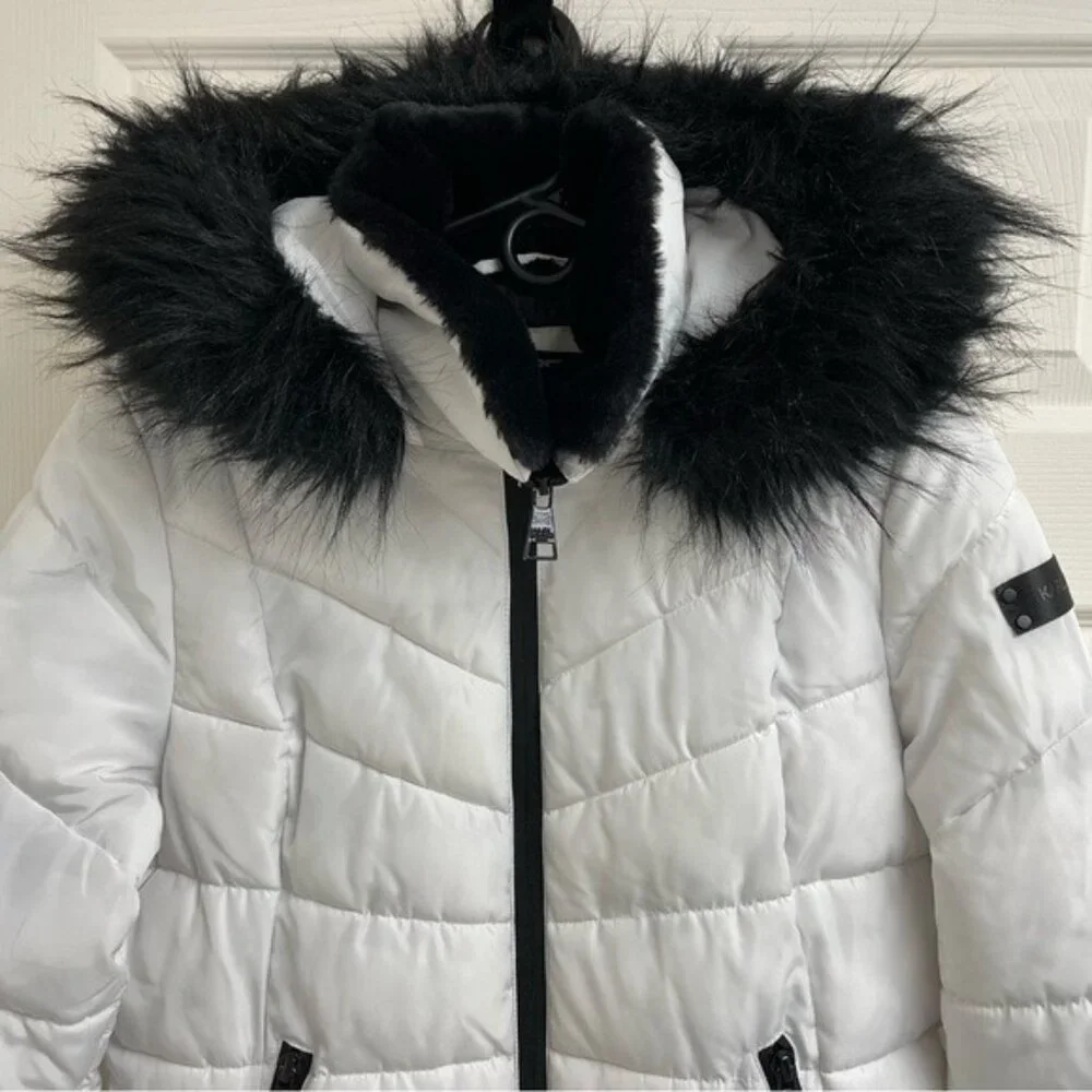 Karl Lagerfeld Paris White Long Faux Fur Puffer Coat - Size Large - Picture 2 of 16